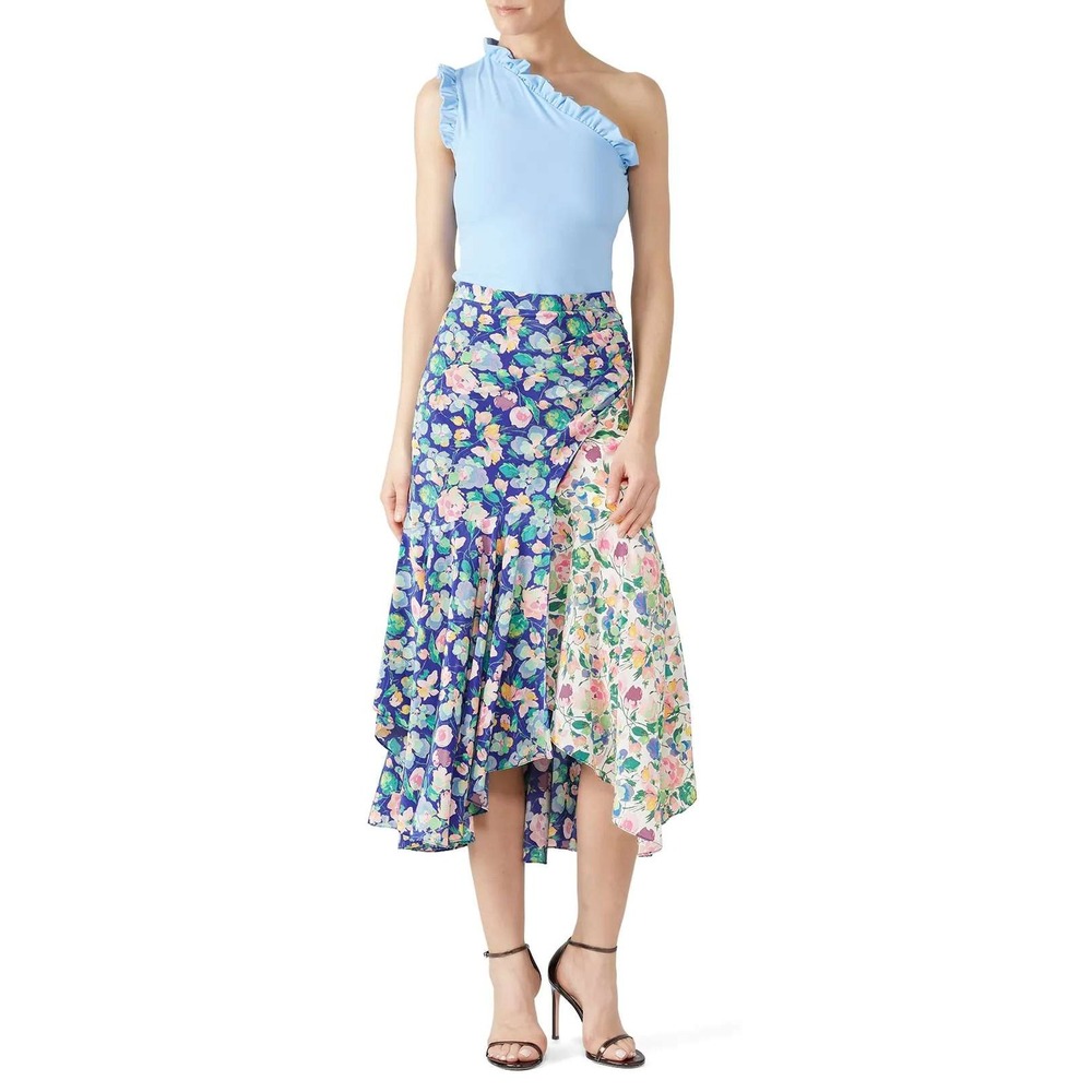 AMUR Vicky Skirt Blue Floral Print Silk Asymmetrical Hem Midi Sz 12